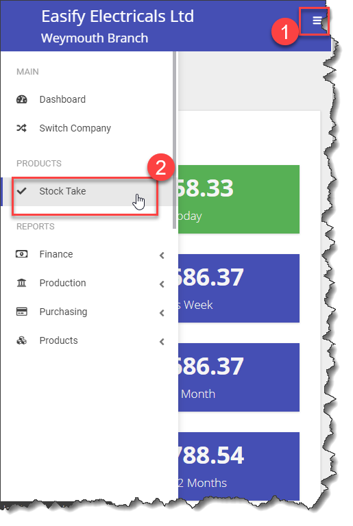 Easify Web - Stock Take Menu on mobile