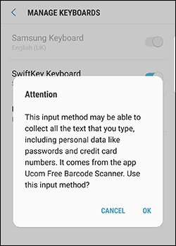 Android barcode scanner Android Keyboard Manager warning