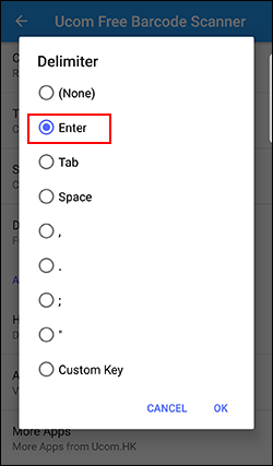 Android barcode scanner Ucom options delimiter Enter