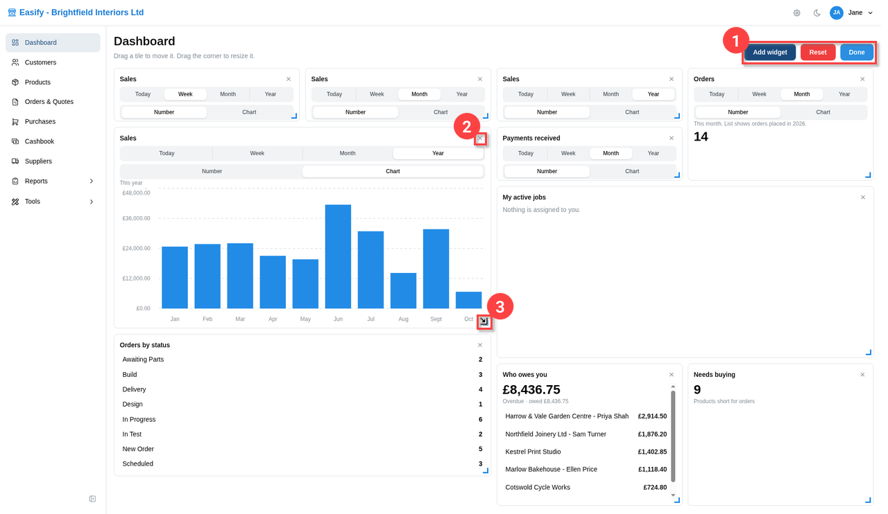 Easify Web dashboard in edit mode, with the Add widget, Reset and Done buttons (1), the X that removes a tile (2) and the blue resize corner at the bottom right of a tile (3)