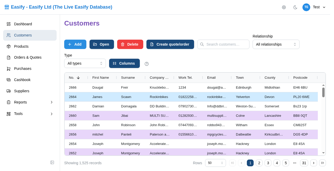Easify Web Customers list showing the sidebar, toolbar, and customer grid